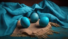  Three Blue Eggs Sitting On Top Of A Blue Cloth Next To A Blue Cloth And A Blue Cloth On A Table Cloth With Fringes.  Generative Ai