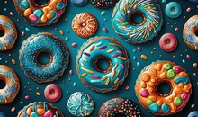  A Painting Of A Bunch Of Donuts With Sprinkles On Them And A Blue Background With Sprinkles On Them.  Generative Ai
