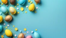  A Group Of Colorful Easter Eggs On A Blue Background With Confetti Scattered Around Them And A Blue Background With White And Yellow Dots.  Generative Ai