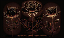  A Drawing Of Three Roses On A Black Background With A Brown Background And A Gold Outline Of The Flowers And Leaves Of The Same Flower.  Generative Ai