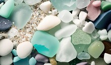  A Pile Of Sea Glass Sitting On Top Of A Sandy Beach Next To A Starfish Shell On Top Of A Sandy Beach Next To A Body Of Water.  Generative Ai