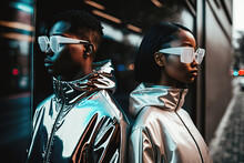 Generative AI Image Of Trendy African American Man And Woman In Holographic Jackets And Eyeglasses Standing Back To Back On Street