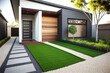In front of contemporary Australian homes or residential buildings, artificial grass lawn turf is highlighted, accented by timber edging for a modern aesthetic