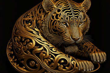 Regal Elegance in Golden Hue: A Majestic Stock Photo of Highly Detailed Tiger Decoration, Perfect for Luxury Designs, Wall Art, and Exotic Themed Projects, created with Generative AI technology