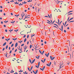 Wall Mural - cute vector seamless pattern with deer and floral elements. cartoon beautiful background.