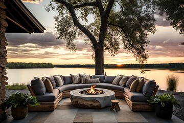 Wall Mural - Cozy Outdoor Lounge with Stunning View and Fire Pit: Ai Generated