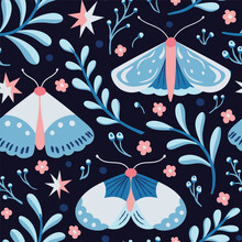Cute Vector Floral Seamless Pattern With Butterflies. Colorful Flowers Background. Trendy Repeat Texture For Fashion Print, Wallpaper Or Fabric.