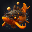 steampunk orange double cannons with spherical cockpits shooting at a black monster whale with crocodile theets, manlike arms and four white eyes on the edge of an abyss - generative ai