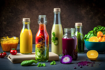 Wall Mural - Various colorful fresh raw ingredients and already blended mix in bottles for individual consumption are on the kitchen table surface, colorful, fresh, raw, ingredients, blended, mix, bottles,