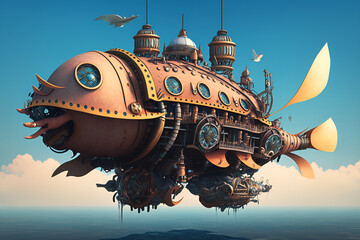 Wall Mural - Concept of a large flying machine sailing in the sea in steampunk style generated by AI, digital art.