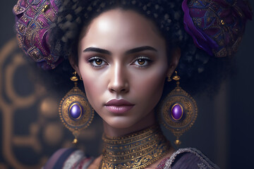 Sticker - Realistic portrait of a girl with massive earrings with  stones in oriental style. Generated by AI technology 