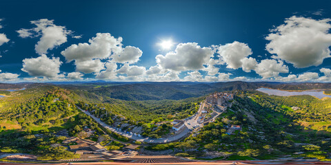 Wall Mural - castillo de castellar, castle, lake embalse del guadarranque 360° airpano spain andalusia aerial equirectangular, vr