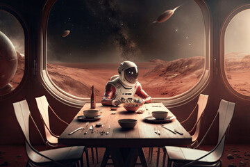 Wall Mural - astronaut in spacesuit is having breakfast on surface of red planet. astronaut is resting during the