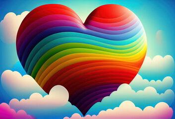 Wall Mural - Whimsical heart floating among clouds with a vibrant rainbow trail