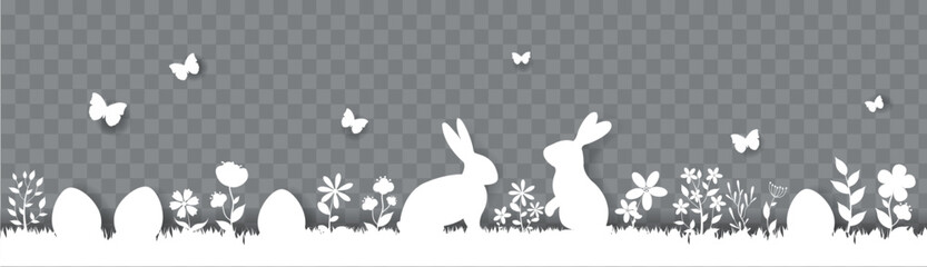 happy easter border with flower and rabbit transparent background