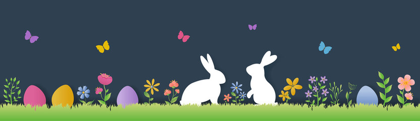 Wall Mural - Happy Easter Border With Flower And Rabbit