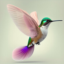 Generative AI: Pink Hummingbird Flying On A Neutral Background