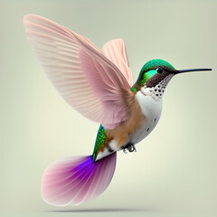 Wall Mural - Generative AI: pink hummingbird flying on a neutral background