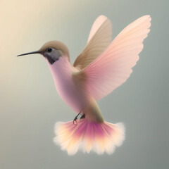 Wall Mural - Generative AI: pink hummingbird flying on a neutral background