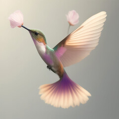 Wall Mural - Generative AI: pink hummingbird flying on a neutral background