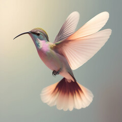 Wall Mural - Generative AI: pink hummingbird flying on a neutral background