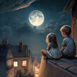 At night, a little boy and girl sit on a roof and gaze at the moon in the sky. Generated By AI