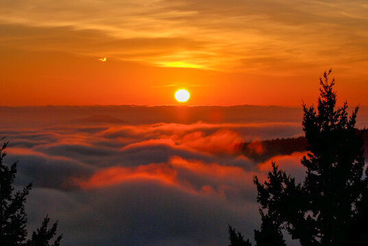 orange and golden sunrise over a fog filled valley at the south end of vancouver island, bc