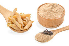 Crickets Flour Pasta And Crickets Powder For Eating In Wooden Bowl, Isolated On White Background. Close Up. Source Of Protein. Organic Food Of The Future. Entomophagy Concept. Selective Focus