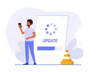 System or web application upgrade procedure. Concept of software version update or renewal process indication. Man and phone. Flat colorful vector illustration for banner, poster. 