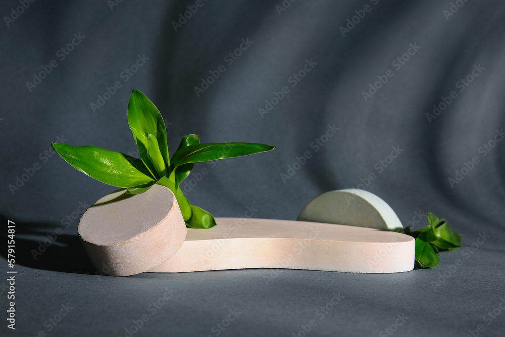 Green bamboo stems and plaster podiums on black background