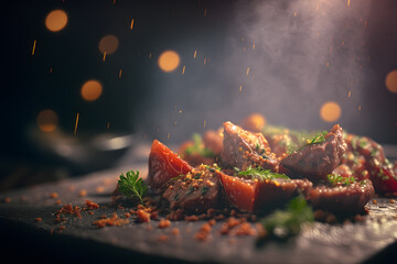 Roasted meat with vegetables and spices on a dark background. Selective focus. Baked meat and tomato. Delicious dish. Meat with spices and sauce. Generative AI technology.