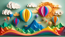 Creative And Colourful Paper Art With Sun, Clouds, Mountain And  Hot Air Balloons. Created With Generative AI