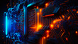 An electronic circuit board with glowing orange and blue lights. Generative AI.