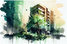 Urban Green Spaces, Watercolour Style Generative AI
