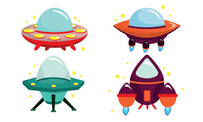 set of cute and beautiful spaceships and rockets in cartoon style. vector illustration of colored fl