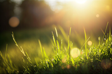 Closeup of green grass at sunrise with dew. generative AI