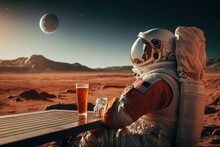 Astronaut With Beer On Another Planet. The Concept Of Unlimited Relaxation. AI Generated
