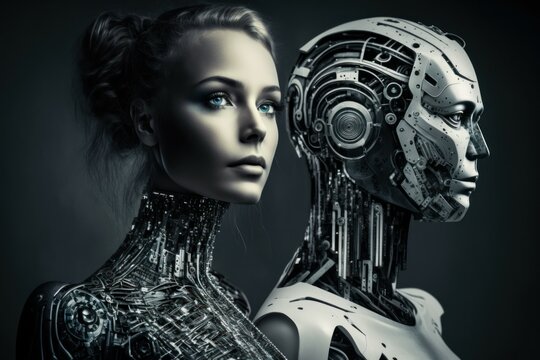 Robot cyborg of the future. The concept of the development of artificial intelligence. AI generated