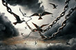 birds flying out of broken chains freedom concept dramatic sky