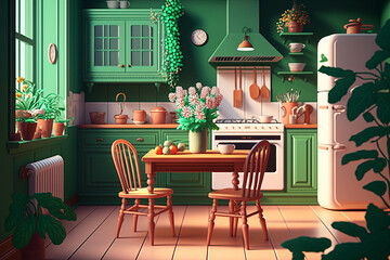 Wall Mural - stylish green kitchen with plants