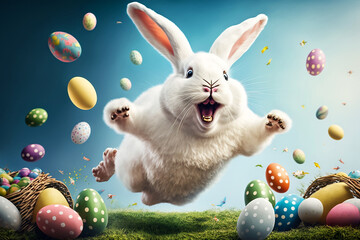 Wall Mural - happy Easter bunny jumping with joy with many Easter eggs