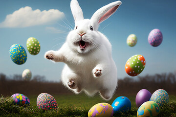 Wall Mural - happy Easter bunny jumping with joy with many Easter eggs