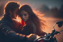 Girl In Love And Her Boyfriend Man Are Sitting On A Motorcycle Flirting, Hugging. Passionate Sensual Relationship, Where The Couple Is In Control Of Their Own Journey And Living Life To The Fullest