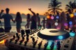 Professional sound system dj console on foreground and blurred crowd of happy dancing people on background. AI generated