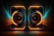 Two sound speakers in neon light with sound wave between them. Background with selective focus. AI generated