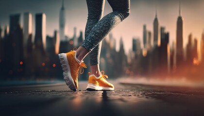 Feet in running sneaker shoes, close-up. Runner makes a morning jog in a city street. Jogging, run, wellness, fitness, health concept. 16:9 aspect ratio. City landscape blurred background