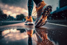 Sneaker Shoes, Feet Close-up. Wet Rainy Weather, Puddles. Runner Makes A Morning Run In A City Street. Jogging, Running, Wellness, Fitness, Health Concept. City Landscape Blurred Background