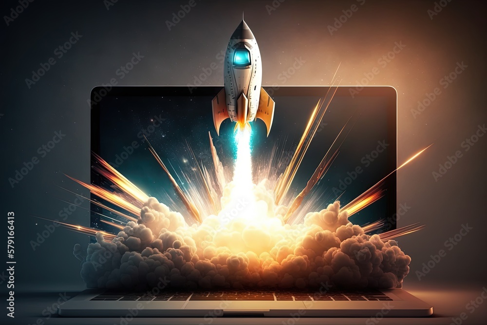 Illustration of rocket taking off from laptop screen, startup and ...