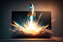 Illustration Of Rocket Taking Off From Laptop Screen, Startup And Business Concept. Generative AI
