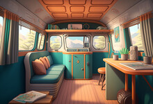A Unique And Creative 3D AI-Generated Render Of A Luxurious Retro-Modern Motorhome: The Perfect Vehicle For A Roadtrip Of Comfort, Adventure, And Exploration!